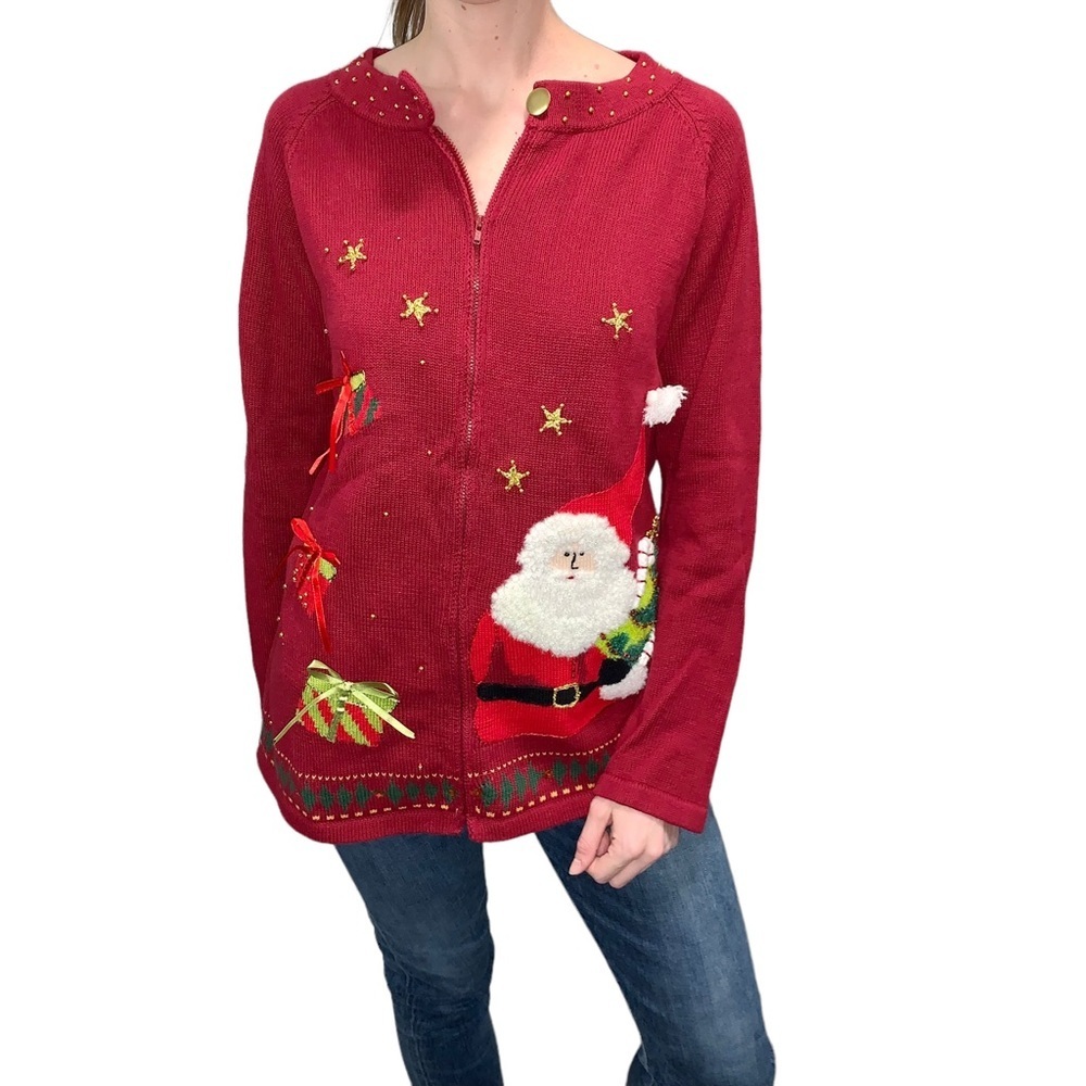 Storybook Knits Santa Ugly Christmas Holiday Full Zip Sweater